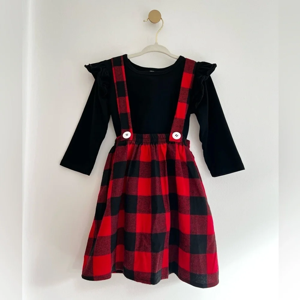 Buffalo Red & Black Plaid Jumper Dress with Black Long Sleeve Top SET - Girls 2T